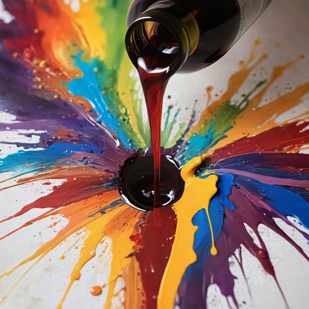 A close-up of a wine bottle pouring a vibrant stream of colorful paint onto a textured canvas, with artistic tools like brushes and palette knives scattered around. The backdrop showcases an abstract painting partially completed, blending the themes of wine and art seamlessly. Soft, warm lighting creates an inviting atmosphere. super-realistic. vibrant colors. modern art style.