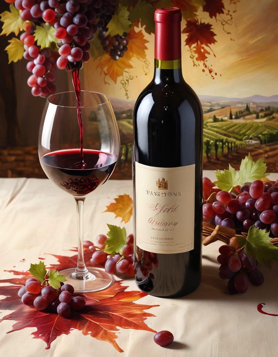 An elegant wine bottle artistically pouring into a canvas, which showcases a stunning blend of rich reds and soft whites, with paintbrush strokes mimicking the movement of wine. Surround the scene with grapes, leaves, and artist tools, capturing a sophisticated atmosphere. Sunlight filters through a vineyard in the background, illuminating the artwork. super-realistic. vibrant colors. soft focus.