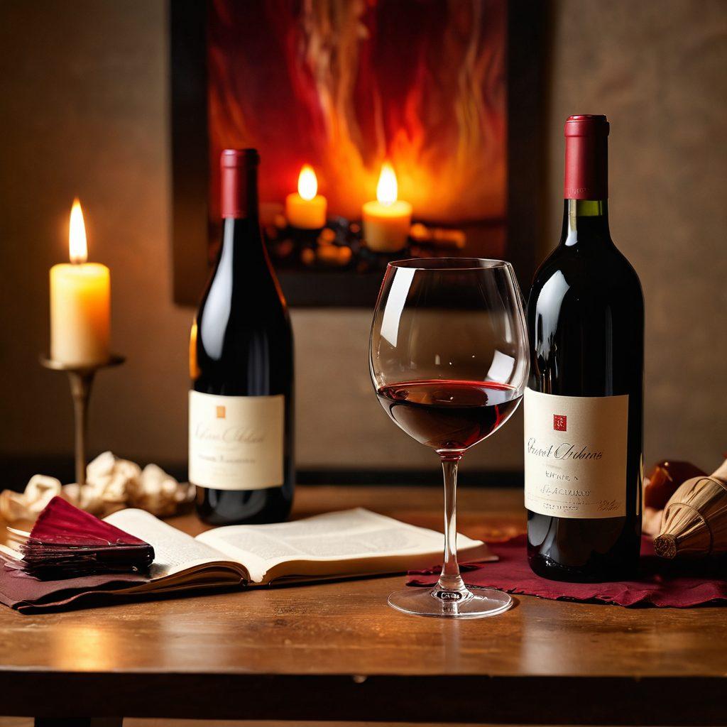 A beautifully arranged table featuring an elegant wine glass, with a swirling red wine reflecting warm candlelight. Artistically placed are paintbrushes, an unfinished canvas, and a vibrant palette, merging the worlds of fine wine and artistic expression. Soft, ambient lighting enhances the cozy atmosphere, inviting curiosity and creativity. super-realistic. warm colors. soft focus.